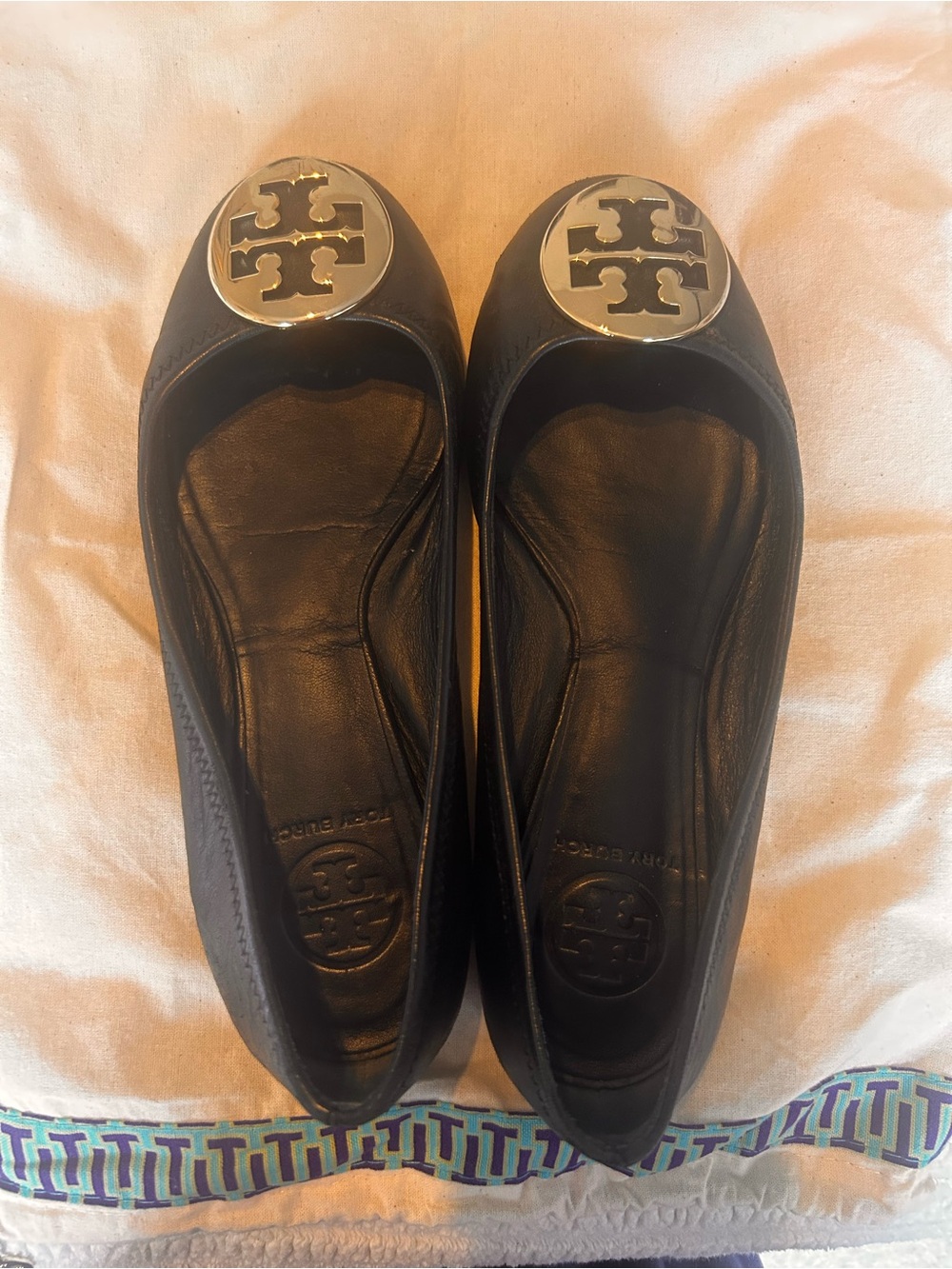 Tory Burch Black Leather Ballet Flats with Gold Logo Medallion
